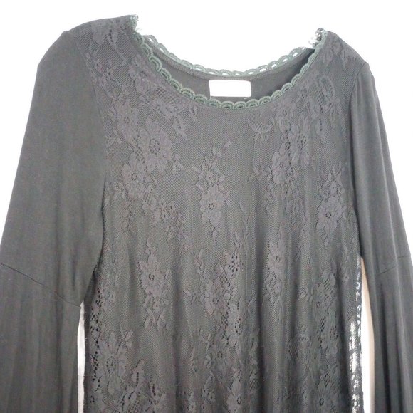 Altar'd State Black Lace Overlay Bell Sleeved Tunic Blouse - Picture 3 of 10